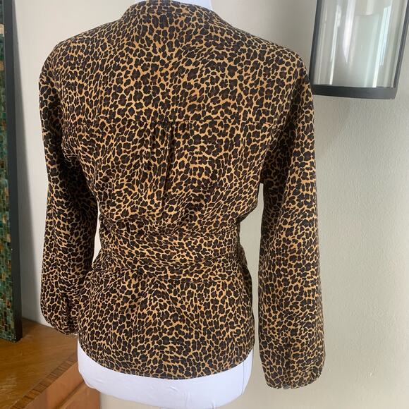 J. Crew Size S Peplum Sara Leopard Print Wrap Top Blouse Black Tan Long Sleeve - Picture 10 of 15